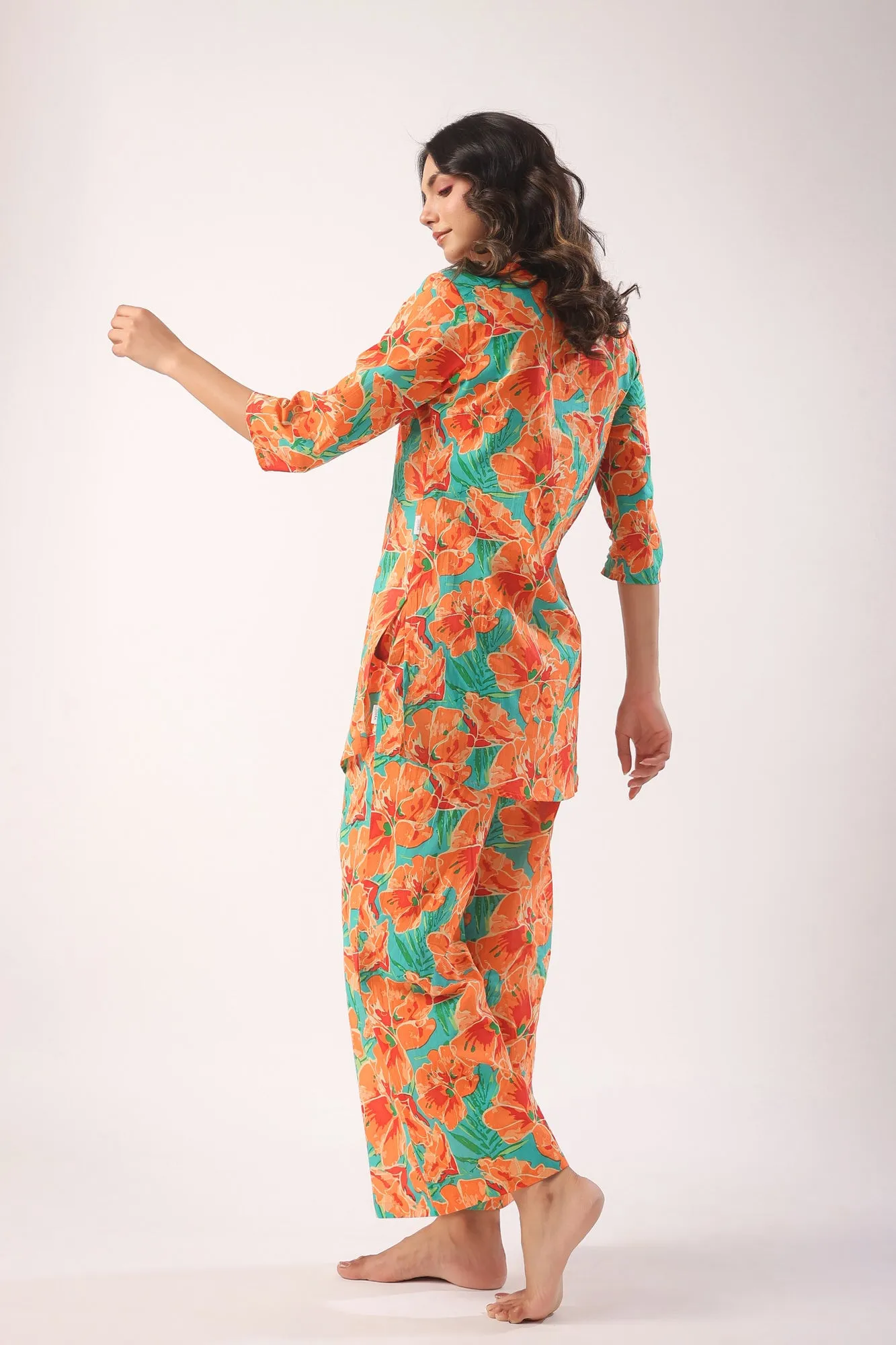 Orange Blooms on Sky Blue Palazzo Loungewear Set