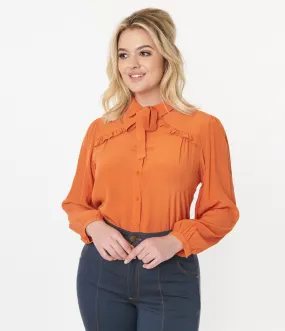 Orange Ruffle Yoke Bow Blouse