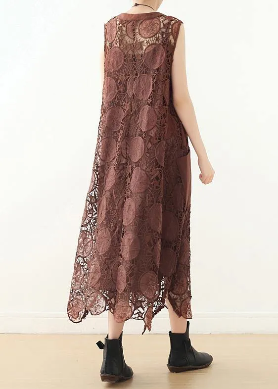 Organic Chocolate sleeveless cotton Tunics o neck lace summer Dresses