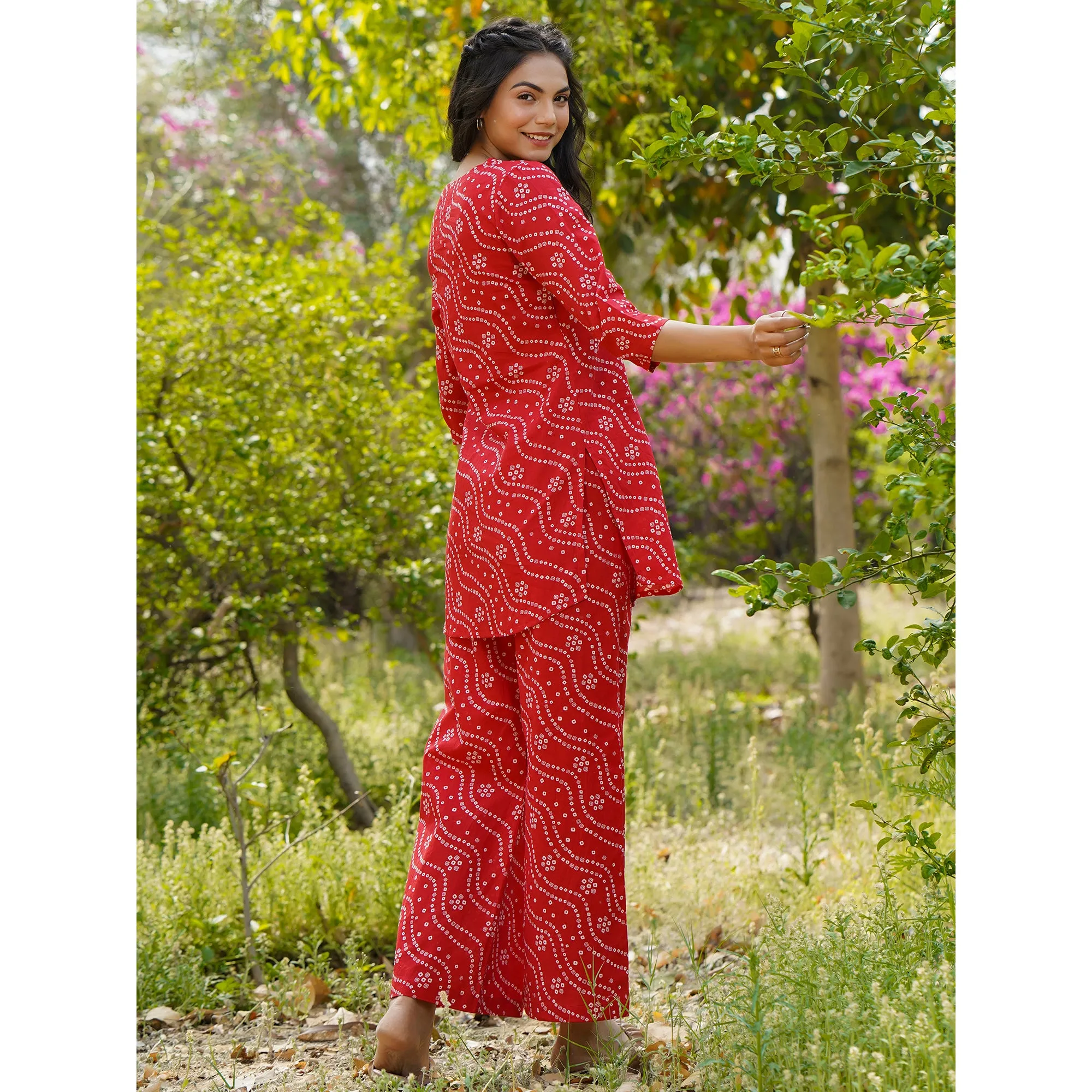 Patterned Bandhej on Red Loungewear Top Set