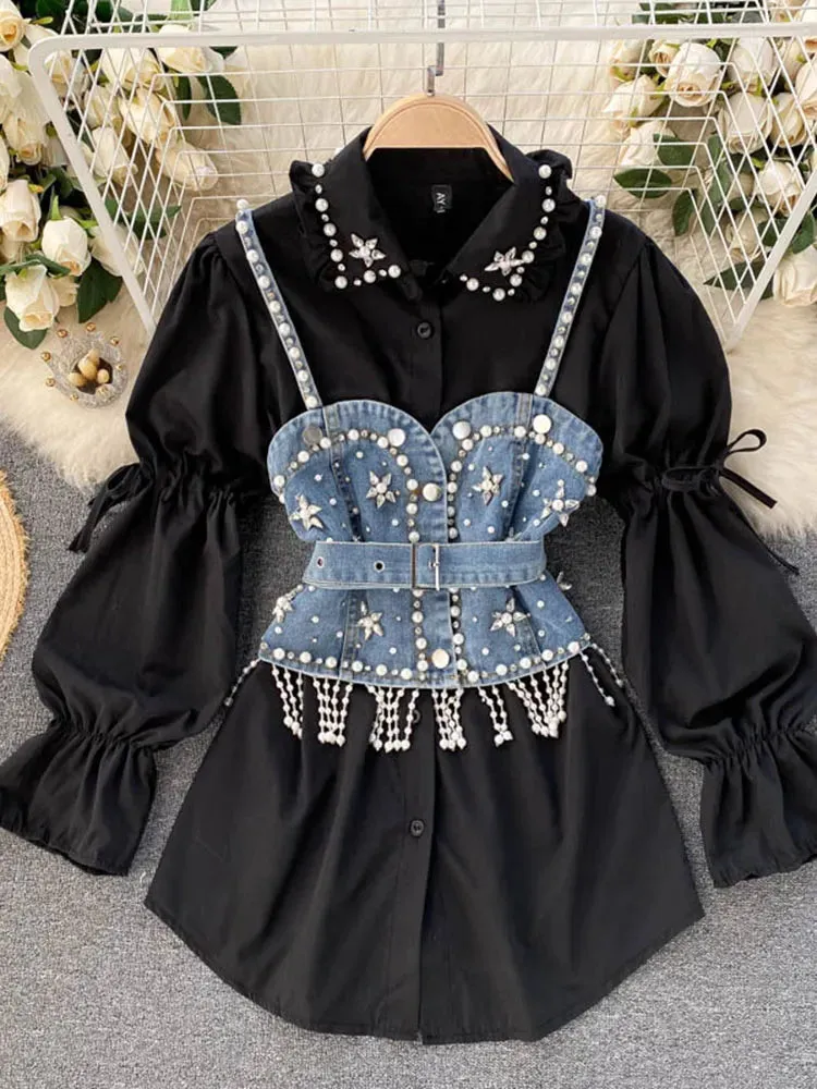 Pearl Tassel Waistcoat Shirt and Long Sleeve Top in Two-in-One Style🤎