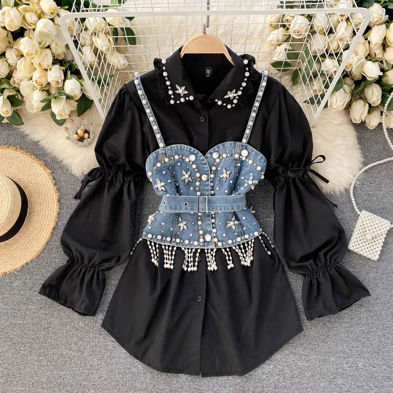 Pearl Tassel Waistcoat Shirt and Long Sleeve Top in Two-in-One Style🤎