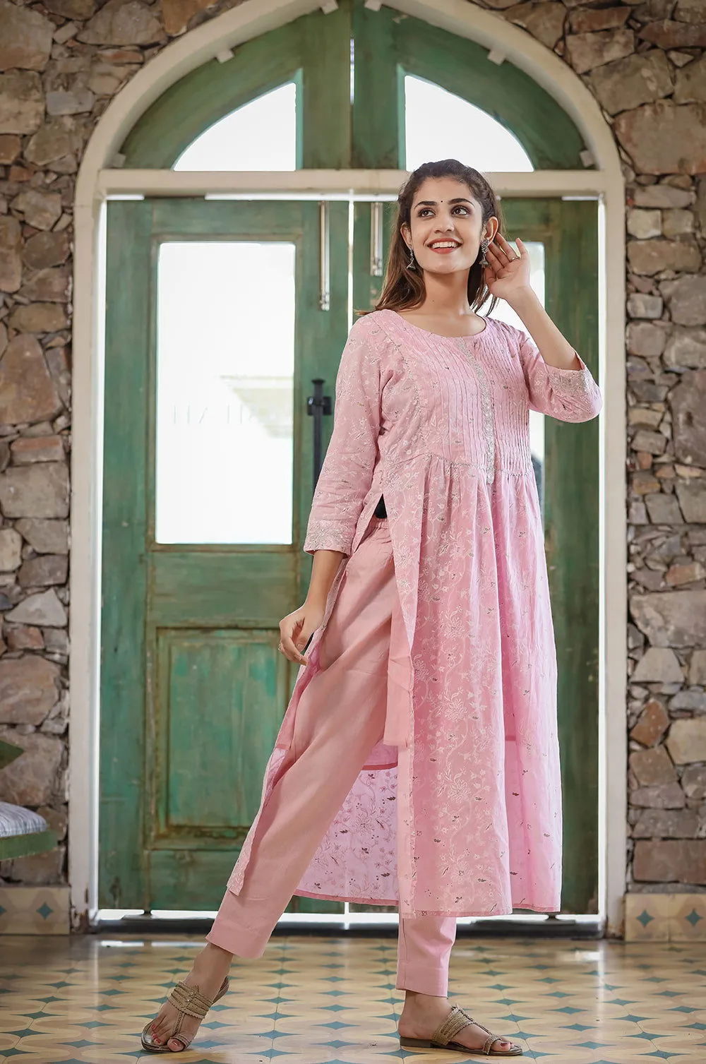 Pink Printed Cotton Kurta Pant Set With Dupatta