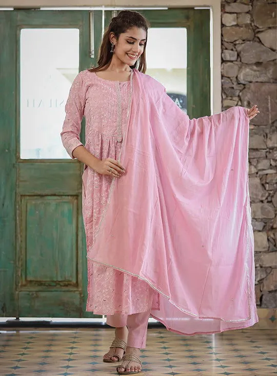 Pink Printed Cotton Kurta Pant Set With Dupatta