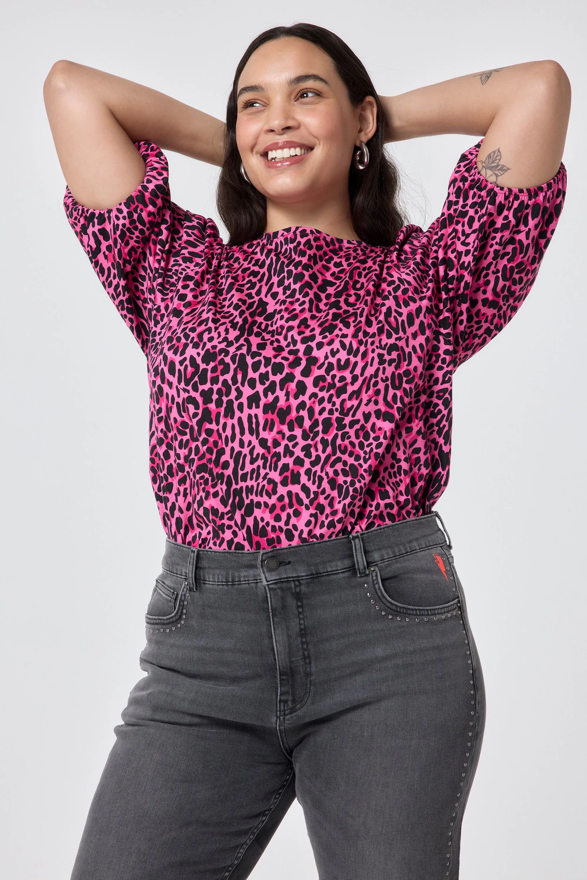 Pink with Black Wild Leopard Puff Sleeve T-Shirt