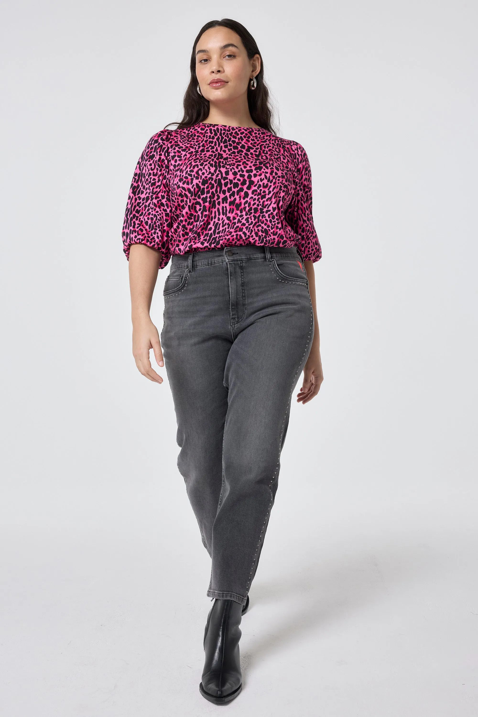 Pink with Black Wild Leopard Puff Sleeve T-Shirt