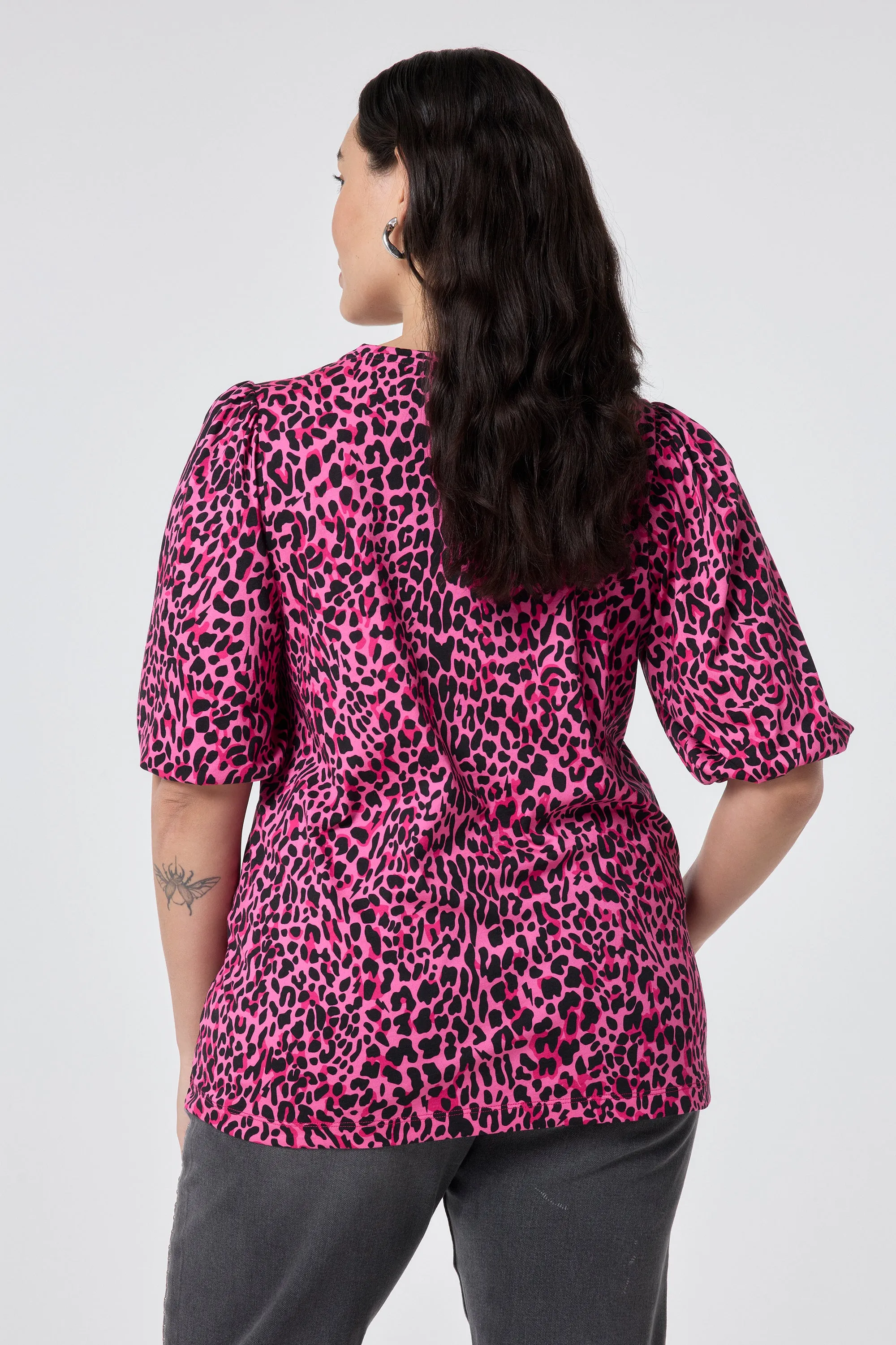 Pink with Black Wild Leopard Puff Sleeve T-Shirt