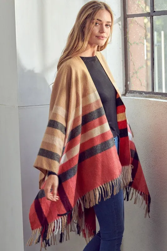 PLAID PATTERN SHAWL PONCHO