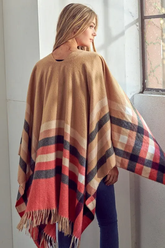 PLAID PATTERN SHAWL PONCHO