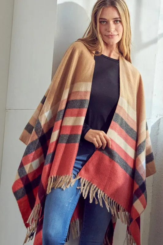 PLAID PATTERN SHAWL PONCHO