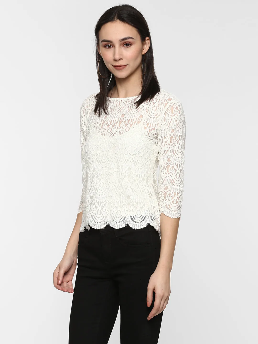 Porsorte Women White Net Crochet Lace  Top