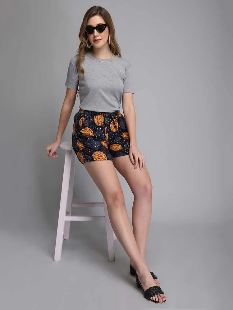 Printed blue rayon women shorts