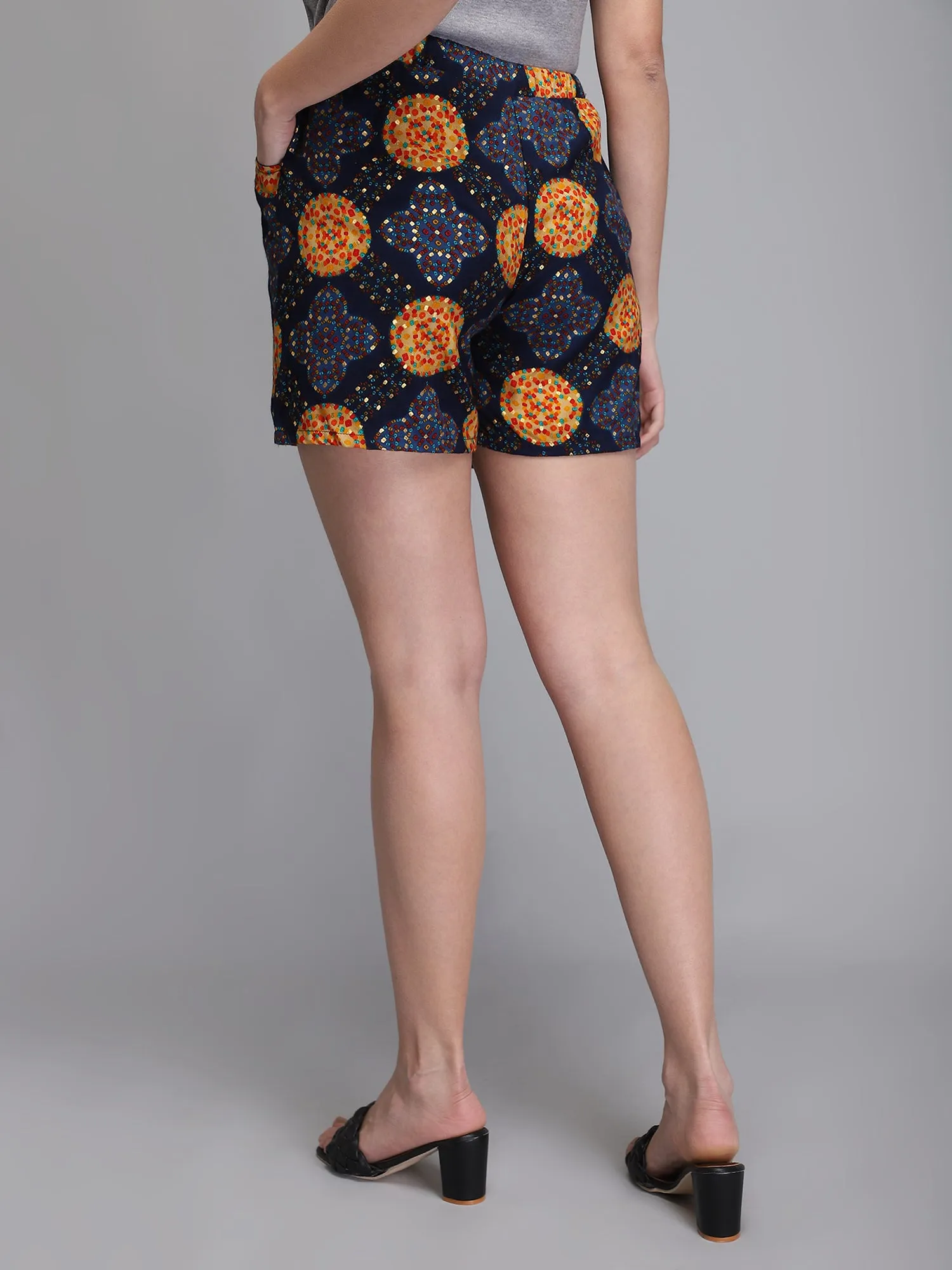 Printed blue rayon women shorts