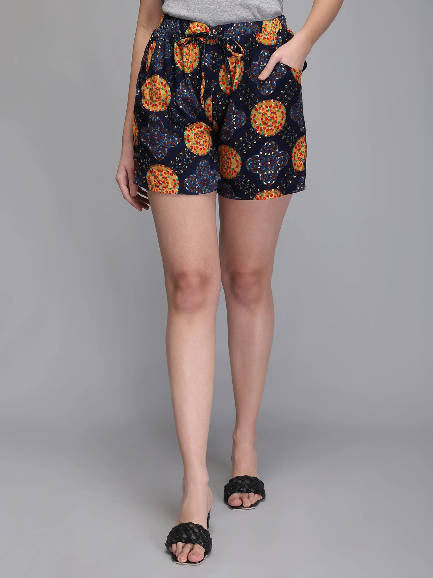 Printed blue rayon women shorts