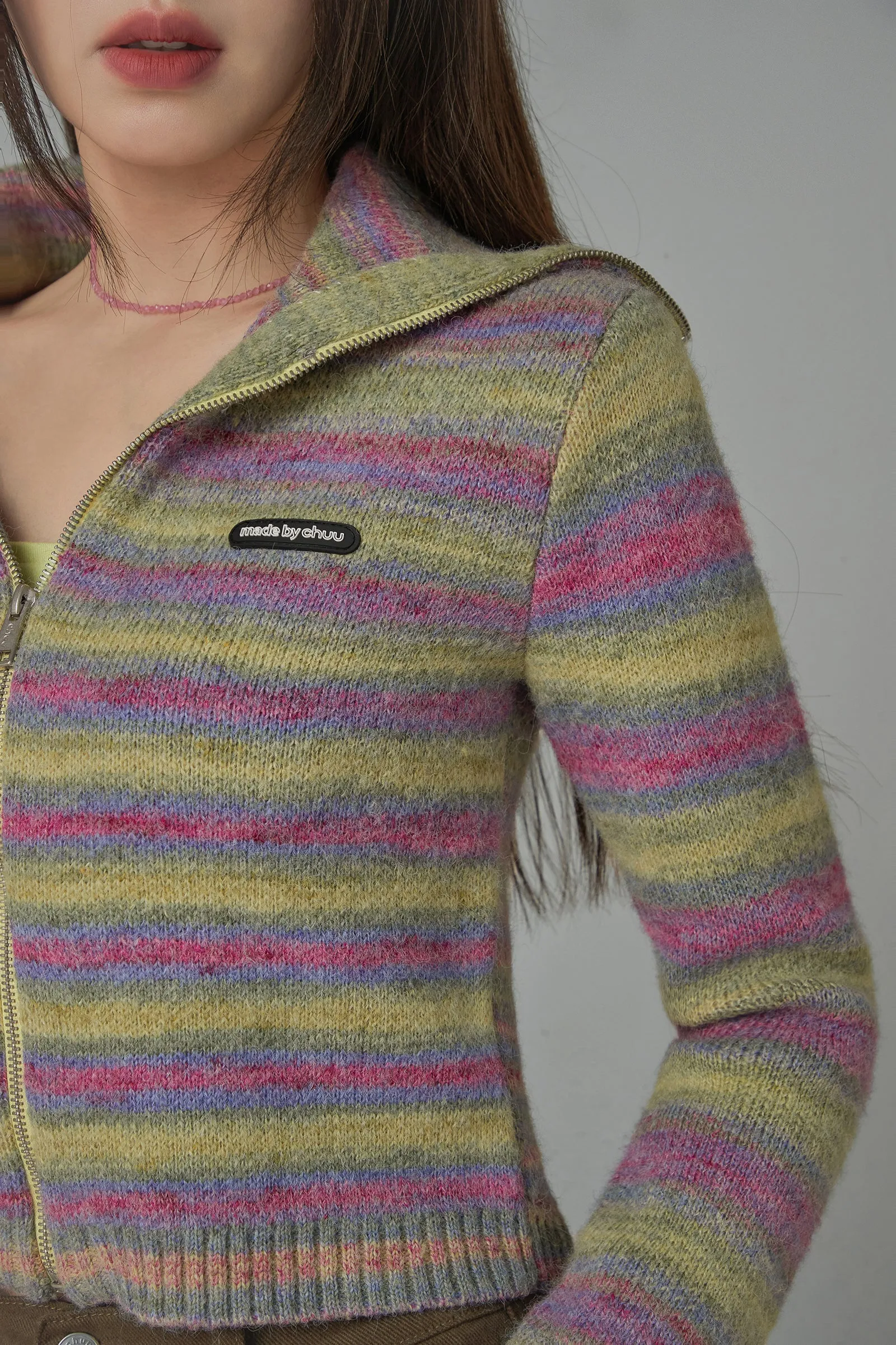 Rainbow Striped Zip-Up Knit Cardigan