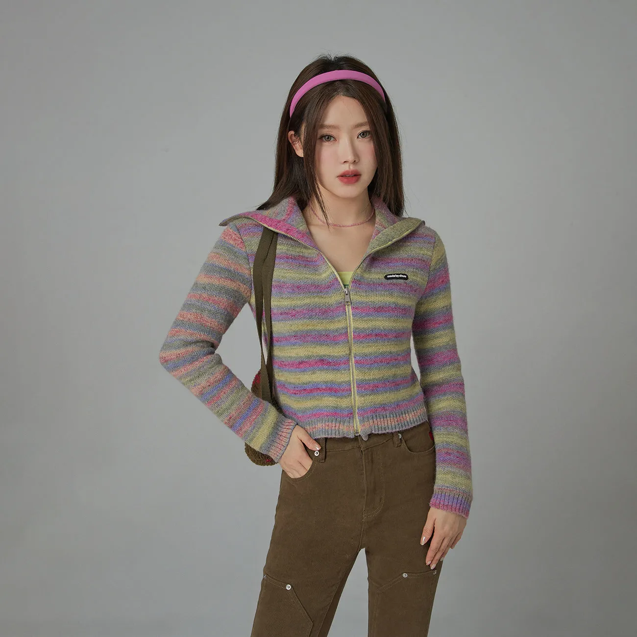 Rainbow Striped Zip-Up Knit Cardigan