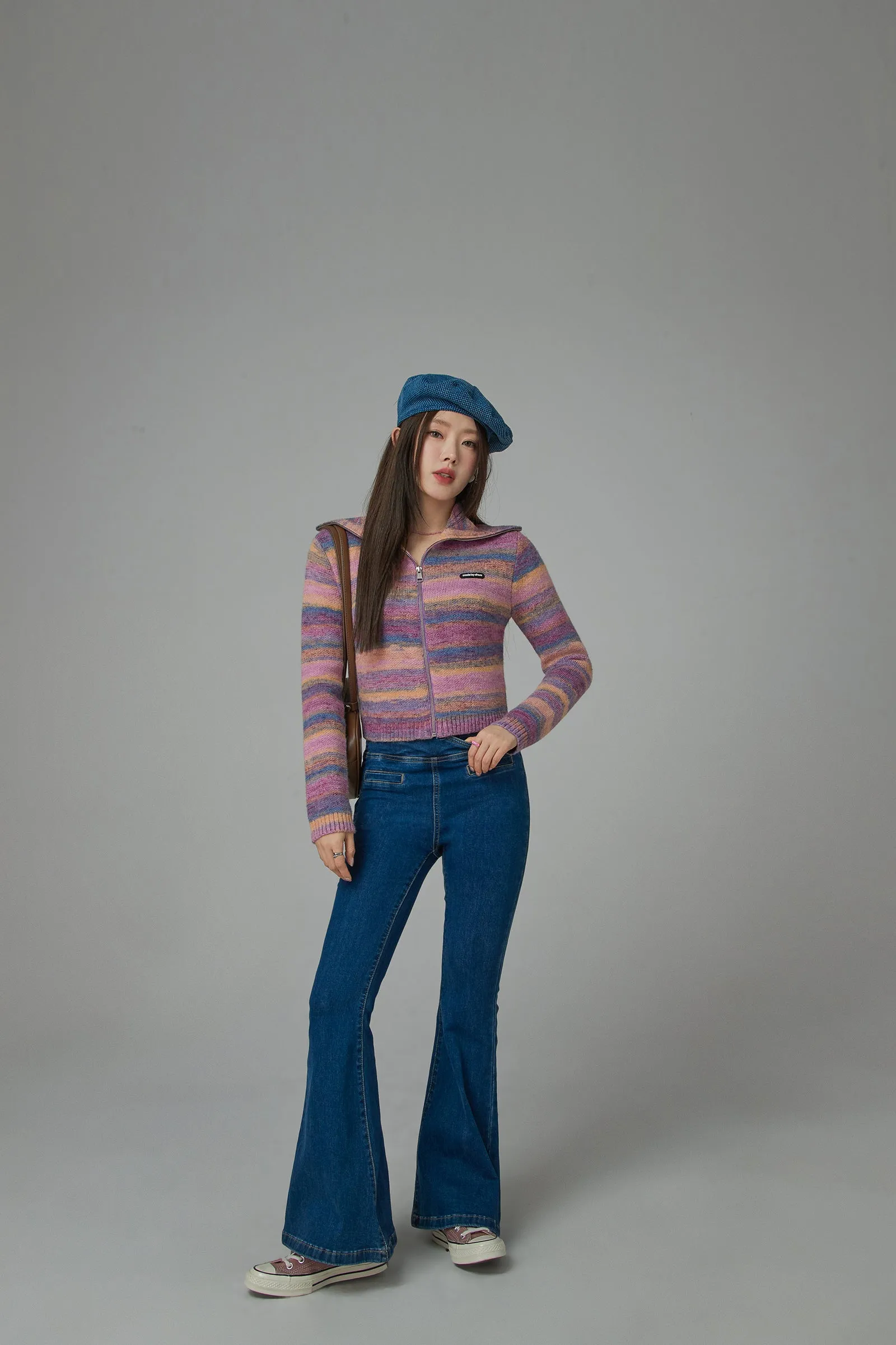 Rainbow Striped Zip-Up Knit Cardigan