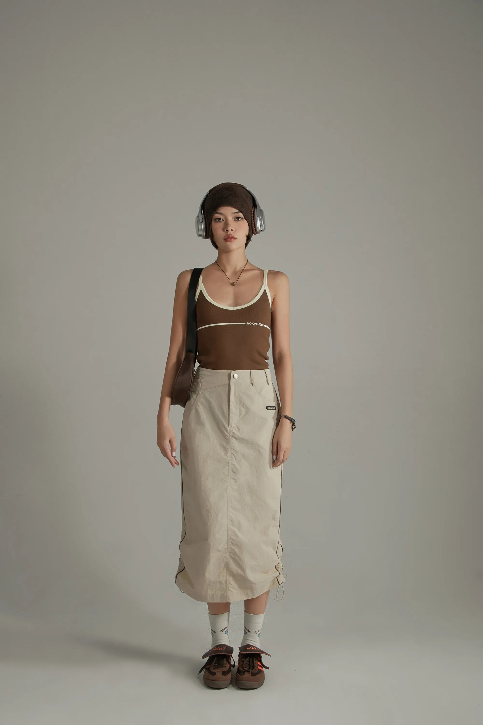 Retro Solid Color Drawstring Long Skirt