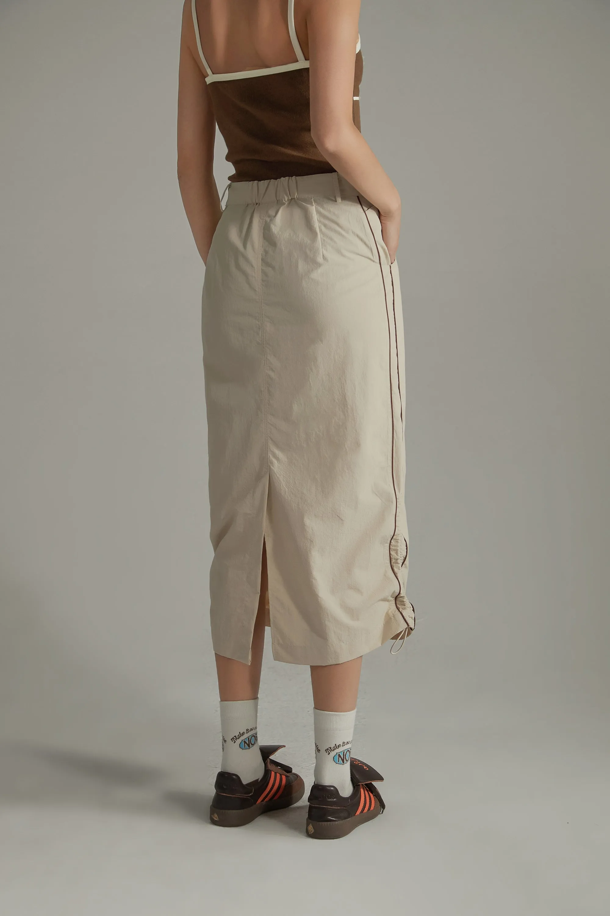 Retro Solid Color Drawstring Long Skirt