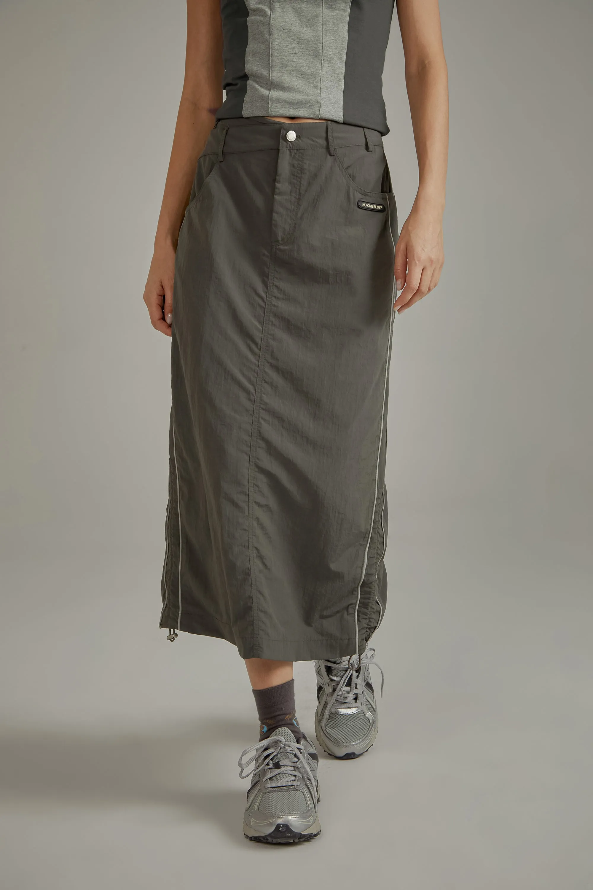 Retro Solid Color Drawstring Long Skirt