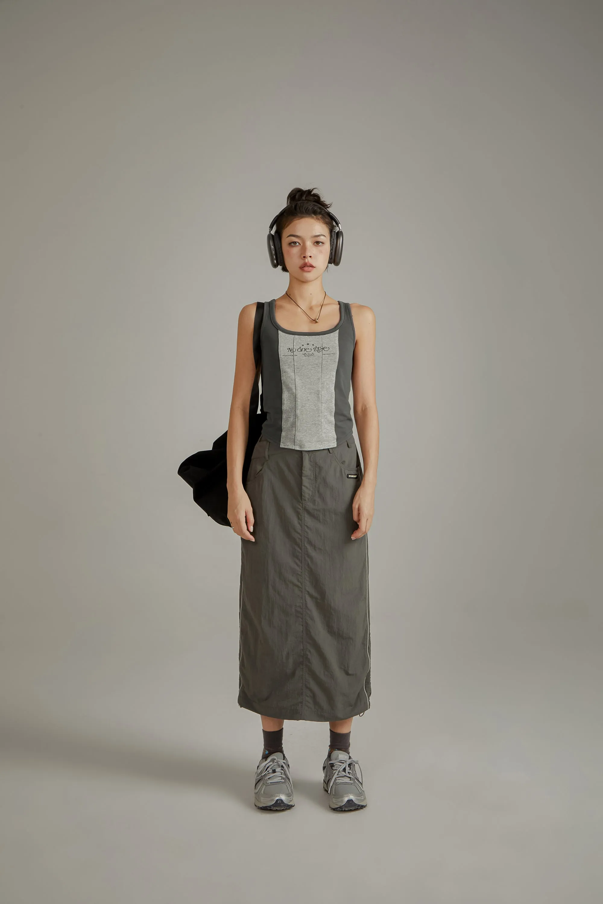 Retro Solid Color Drawstring Long Skirt