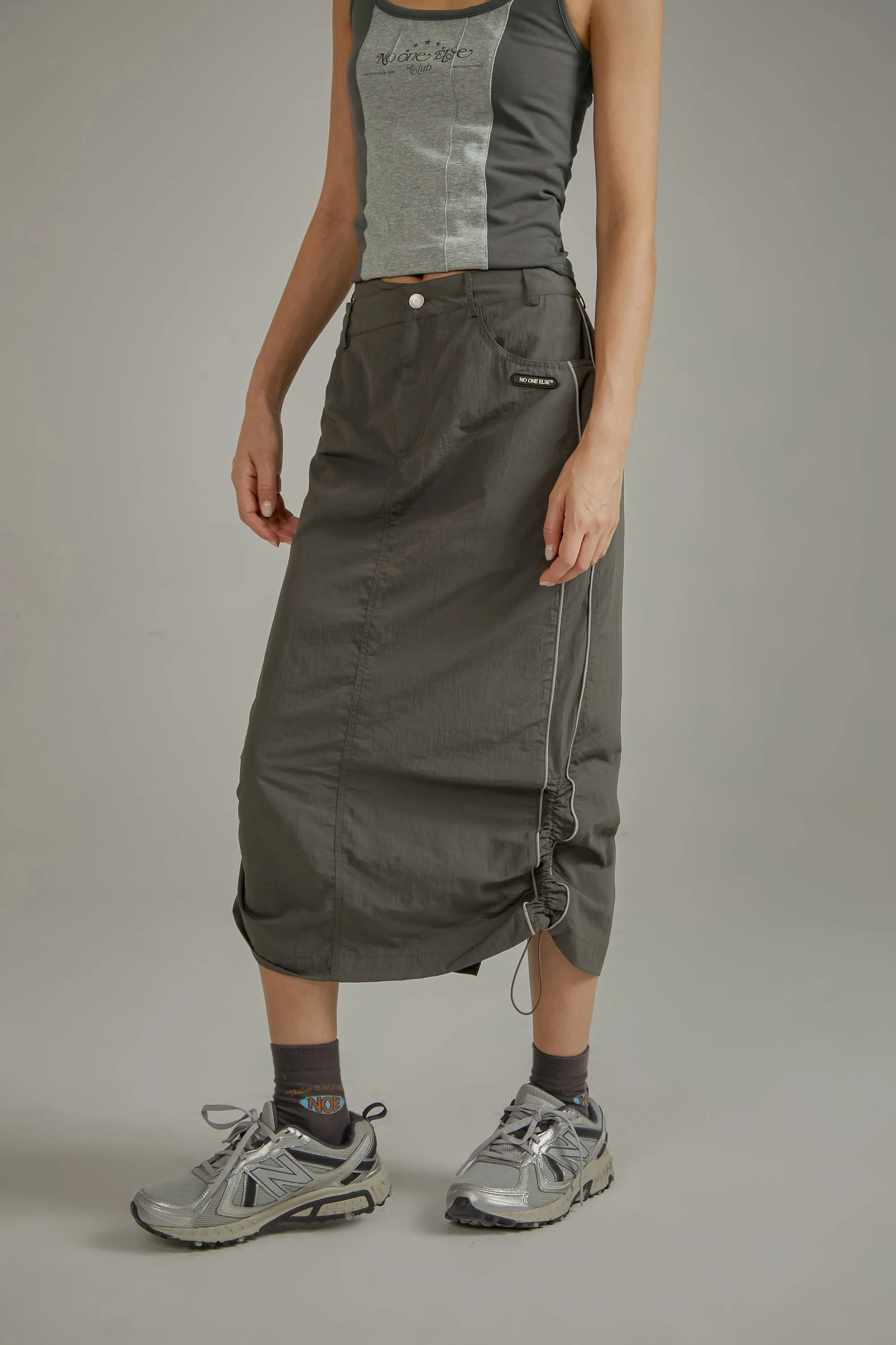 Retro Solid Color Drawstring Long Skirt