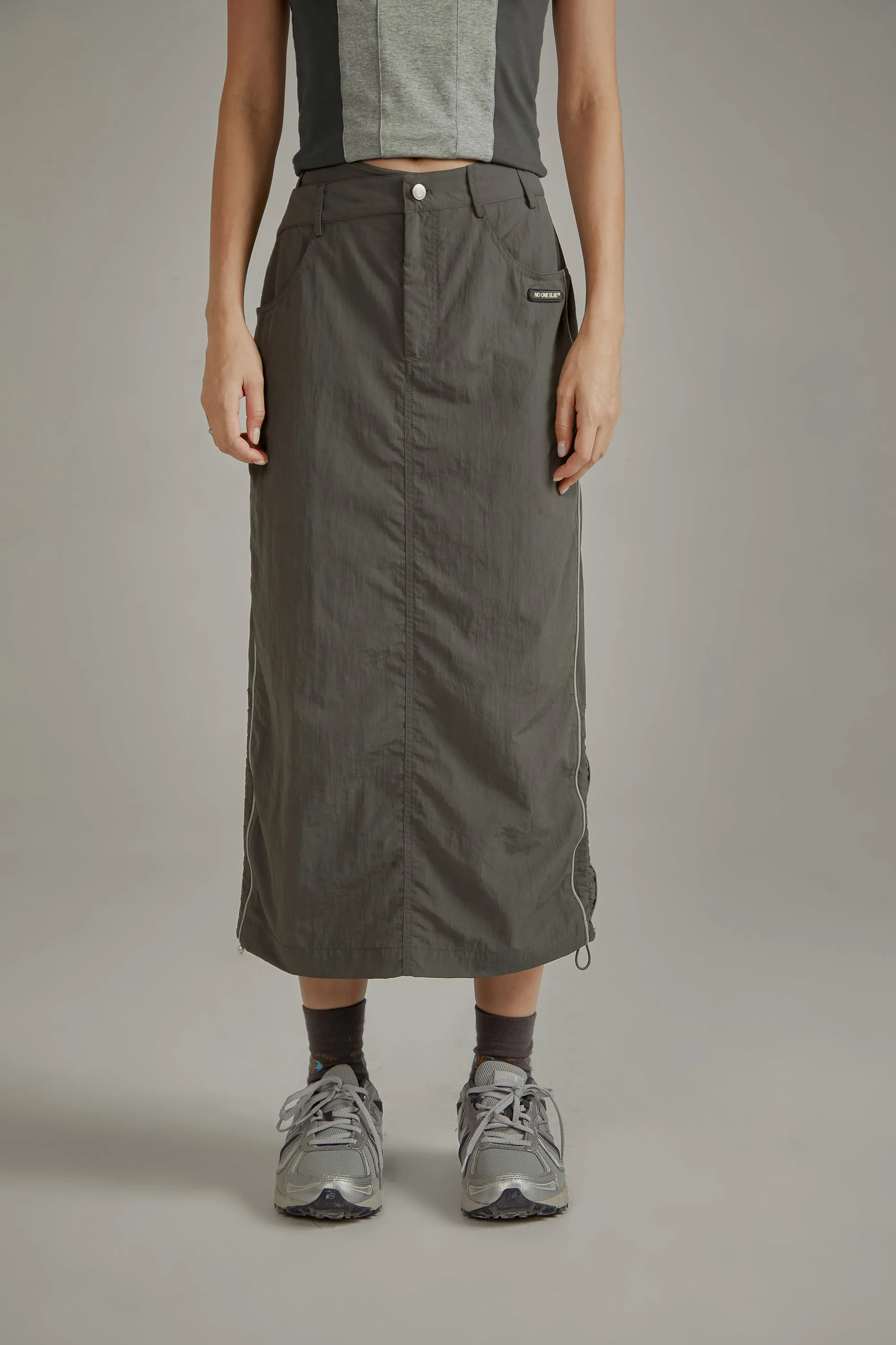 Retro Solid Color Drawstring Long Skirt