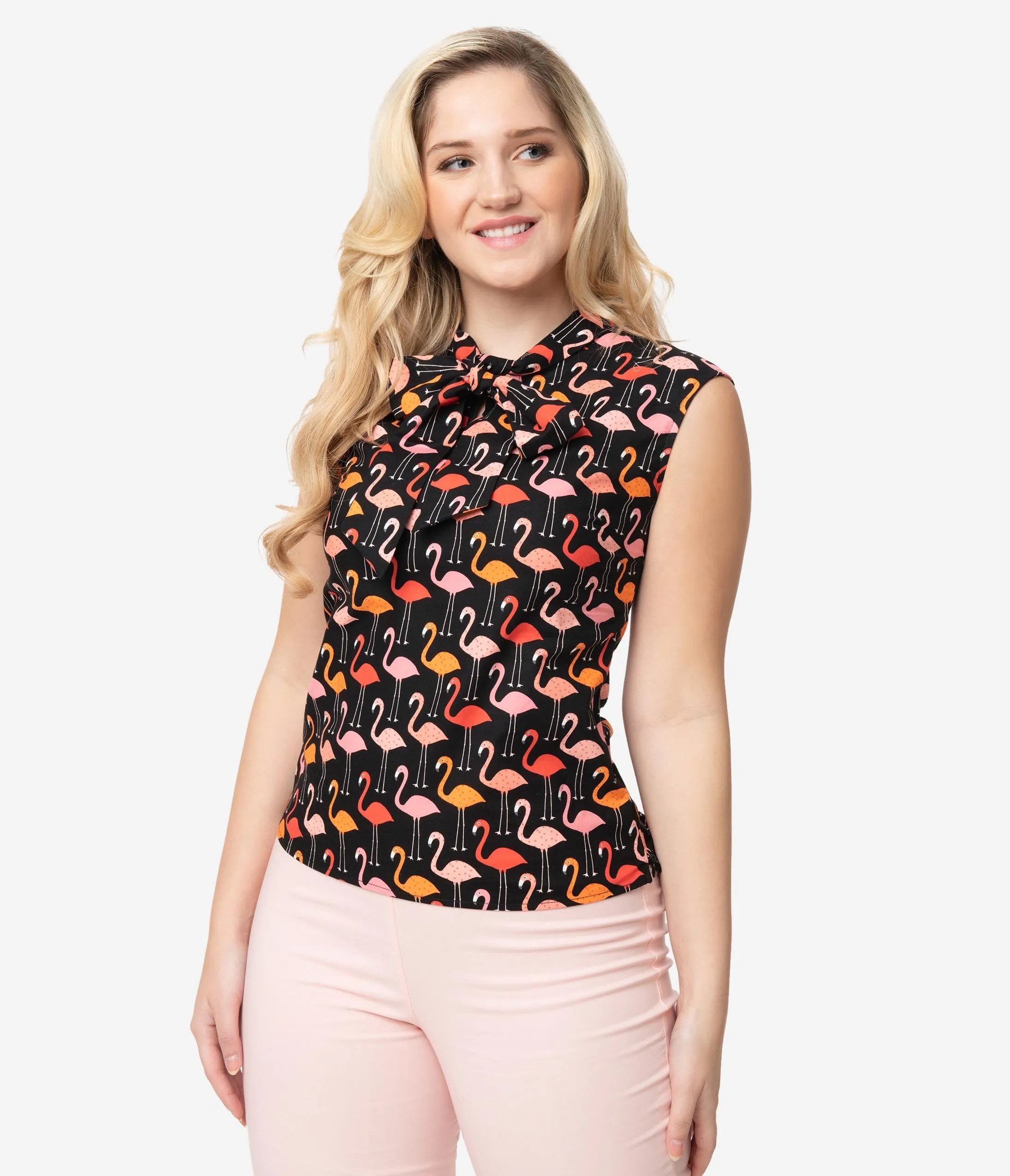 Retrolicious Black & Pink Flamingo Print Sleeveless Blouse