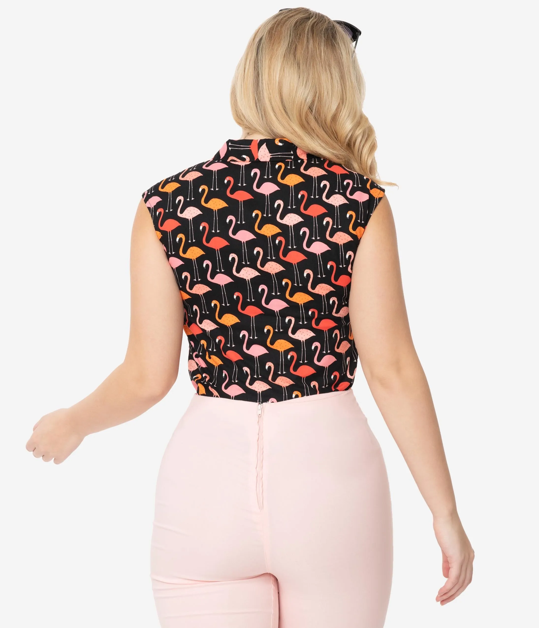 Retrolicious Black & Pink Flamingo Print Sleeveless Blouse