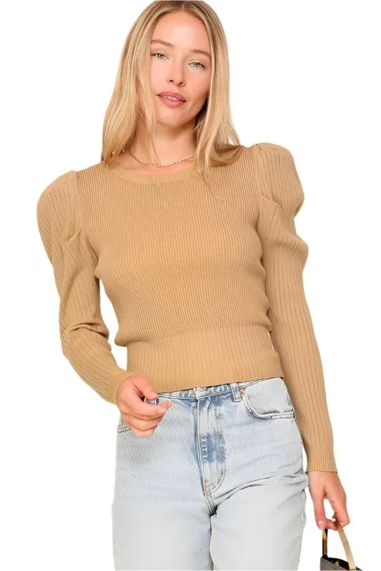 Ribbed Puff Sleeve Knit Top