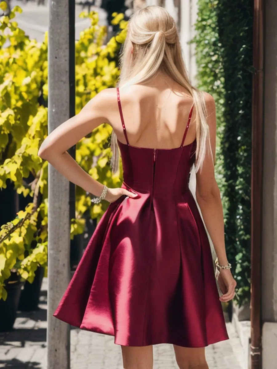 Satin Spaghetti Strap A-Line Backless Short Homecoming Dress