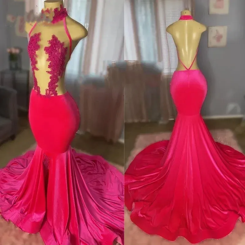 Sexy Backless Lace Magenta Prom Dresses For Woman Halter Beading Velvet Mermaid Party Gowns Birthday Outfits Long