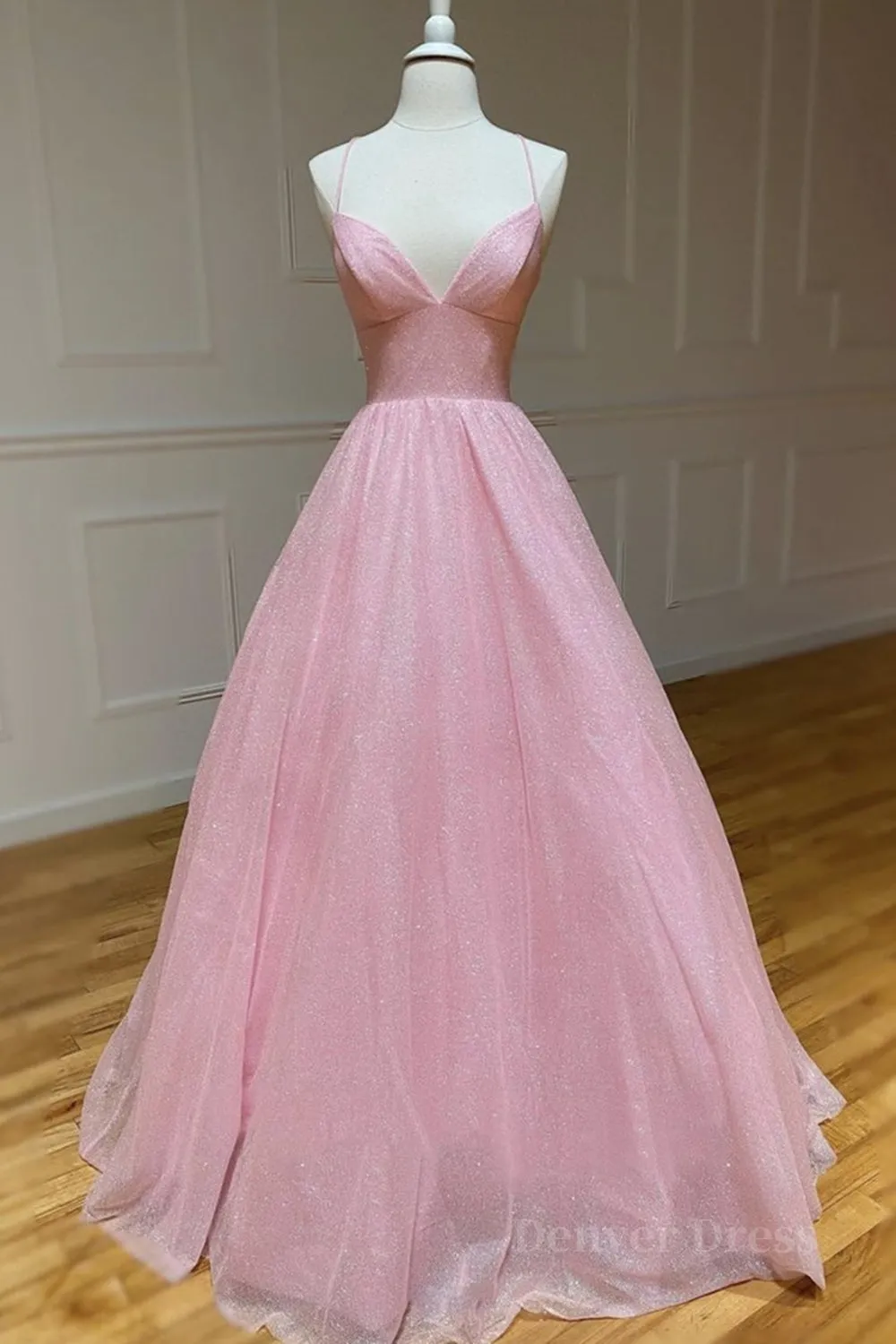 Shiny V Neck Backless Pink Long Prom Dress, Backless Pink Formal Graduation Evening Dress