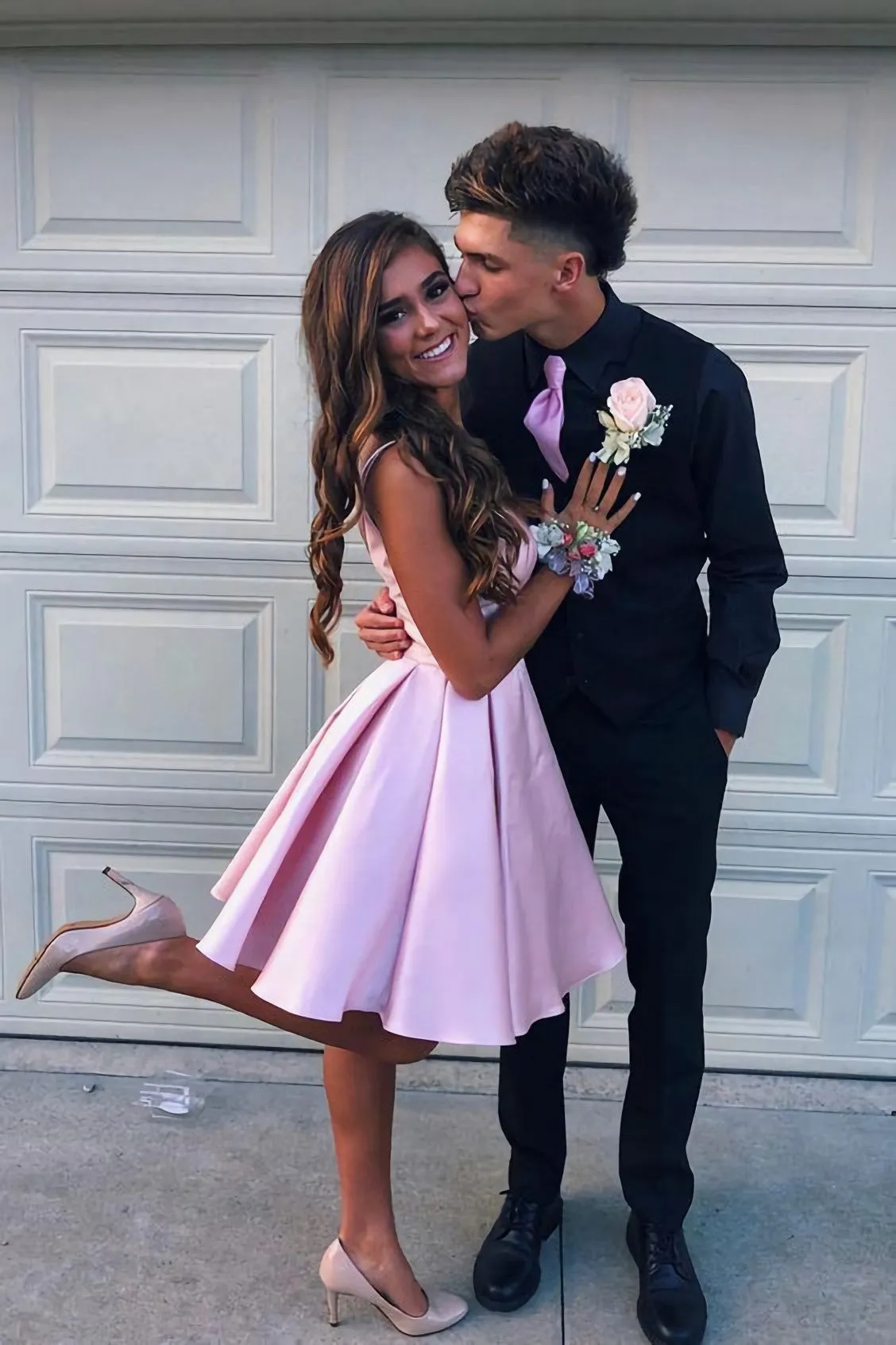 Simple V Neck Straps Short Pink Homecoming Dress, Backless Satin Sweet 16 Dresses