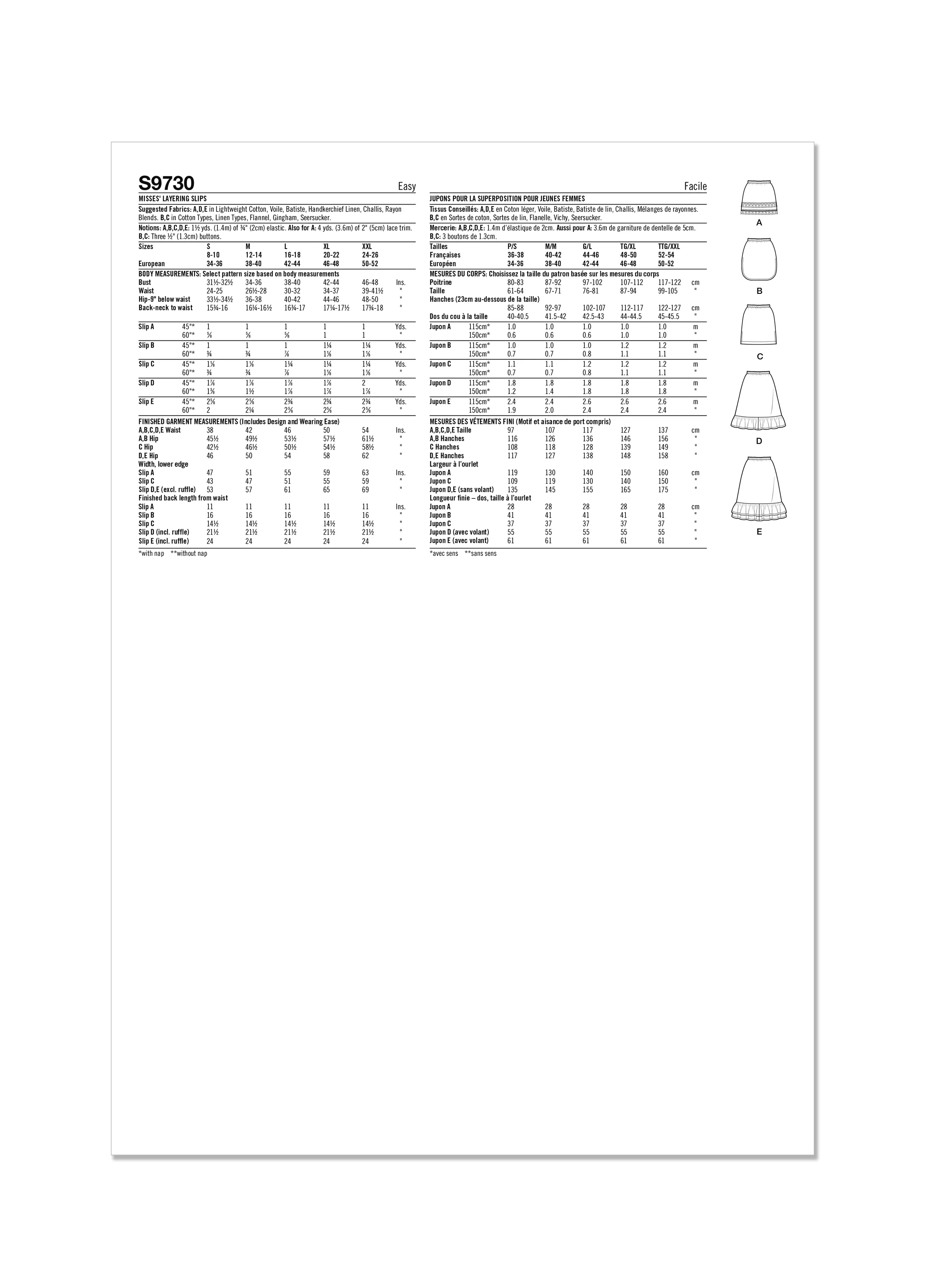 Simplicity Sewing Pattern S9730 MISSES' LAYERING SLIPS BY ELAINE HEIGL DESIGNS