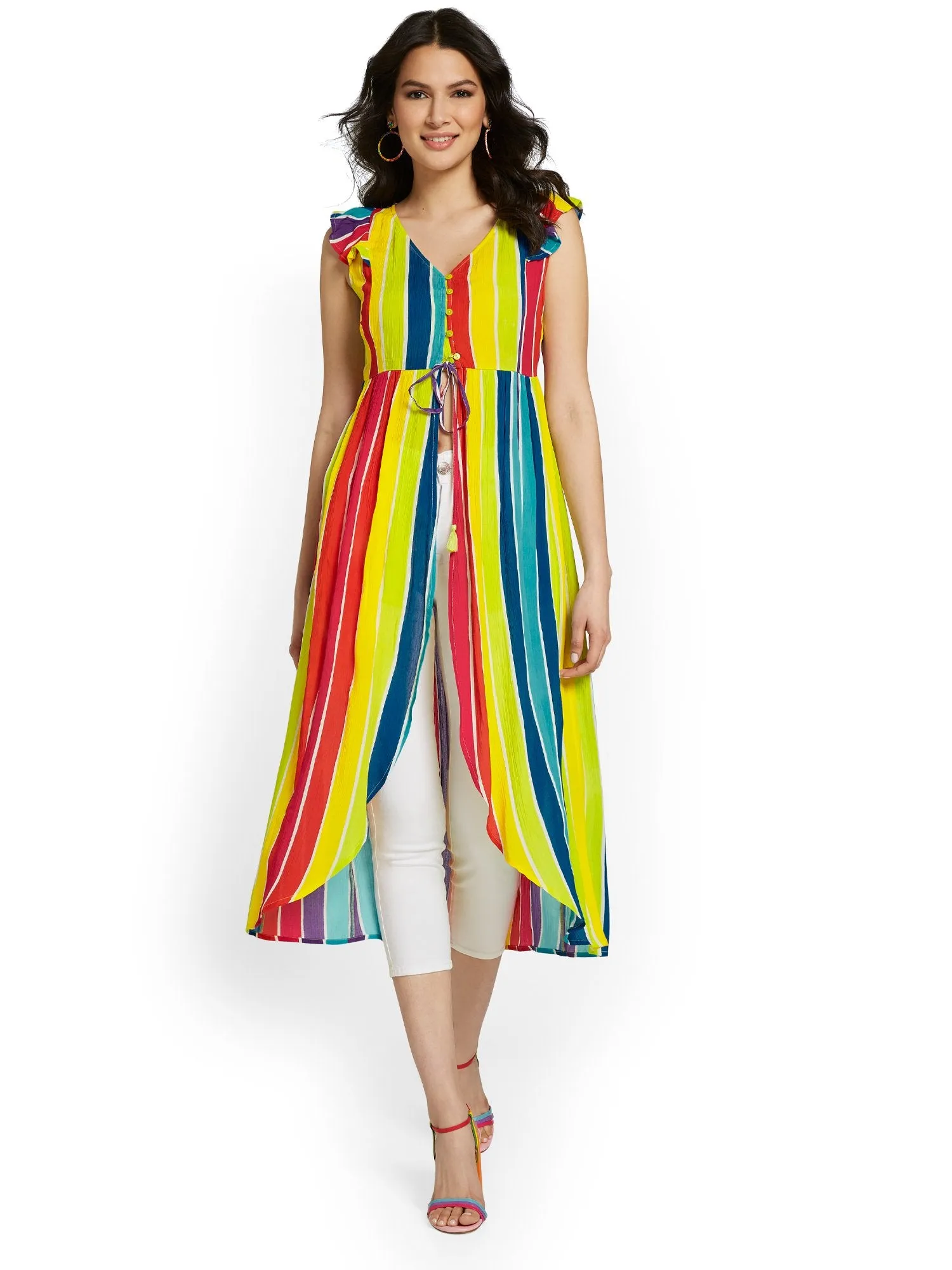 Striped Flutter-Sleeve Tie-Waist Maxi Top