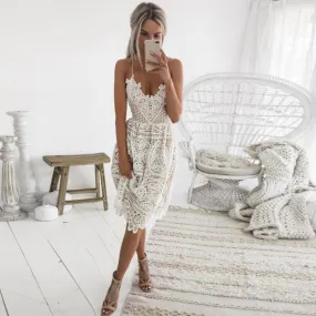 Summer Deep V Neck Backless Lace Dresses