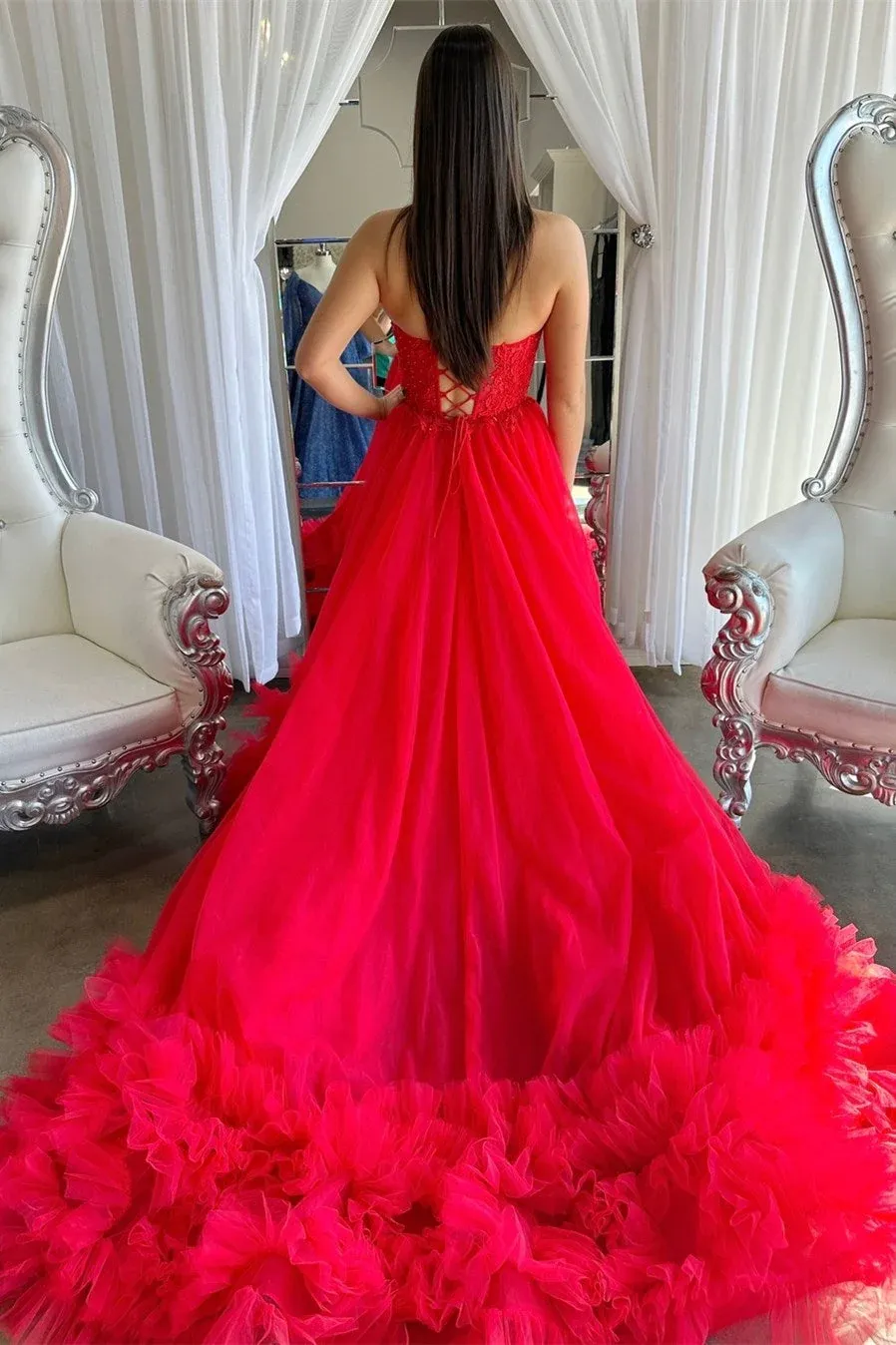 Sweetheart Backless Red Prom Dresses Tulle Ruffled Prom Dresses