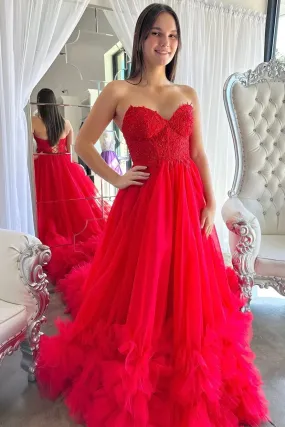 Sweetheart Backless Red Prom Dresses Tulle Ruffled Prom Dresses