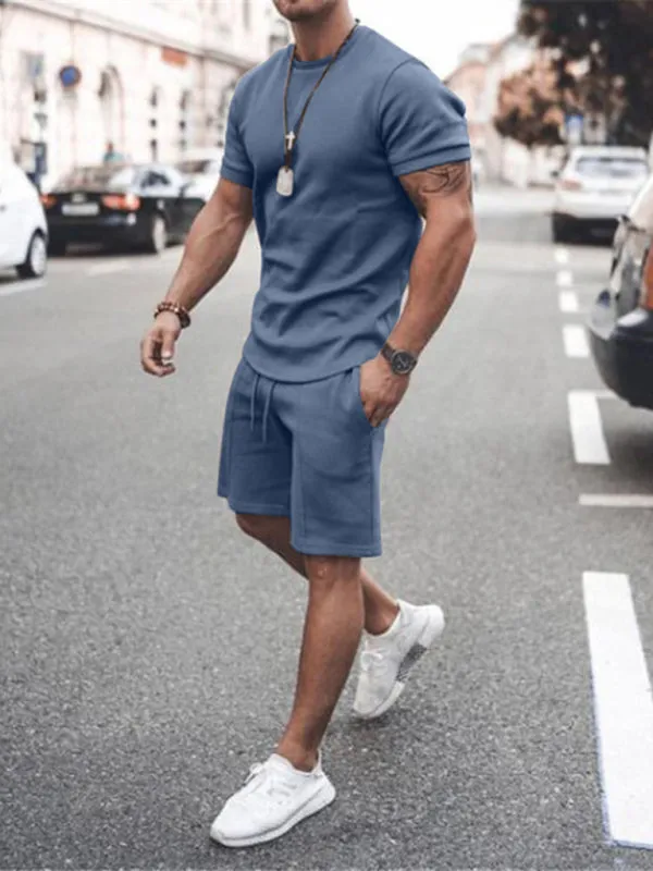 TEEK - Mens Casual Solid Color Short Sleeve Shorts Set