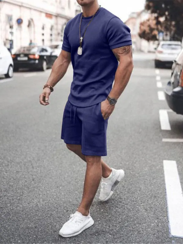 TEEK - Mens Casual Solid Color Short Sleeve Shorts Set