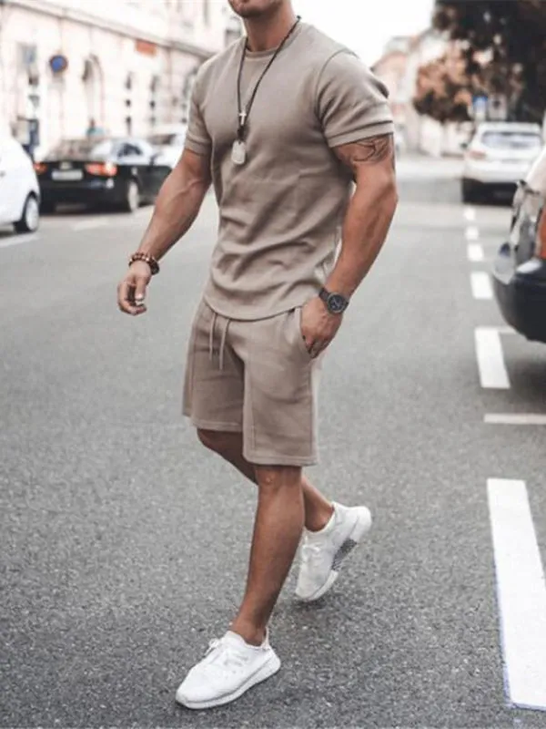 TEEK - Mens Casual Solid Color Short Sleeve Shorts Set