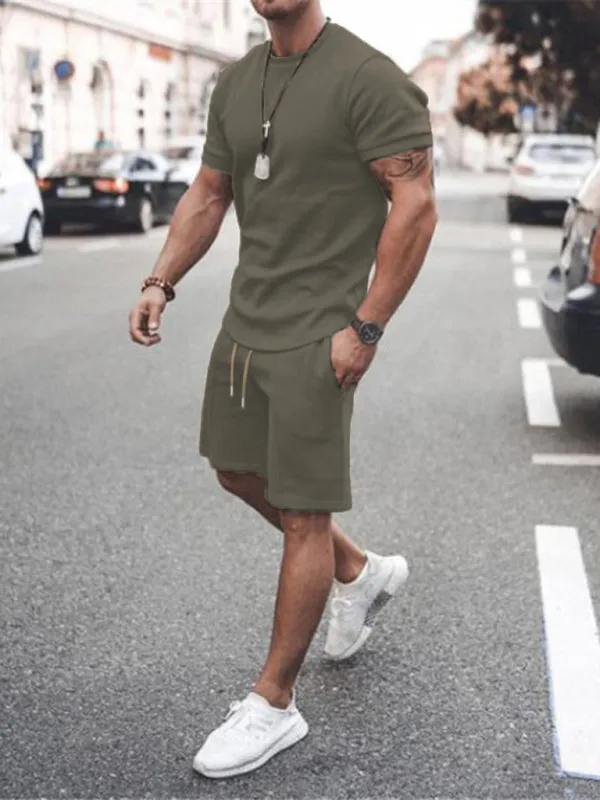 TEEK - Mens Casual Solid Color Short Sleeve Shorts Set