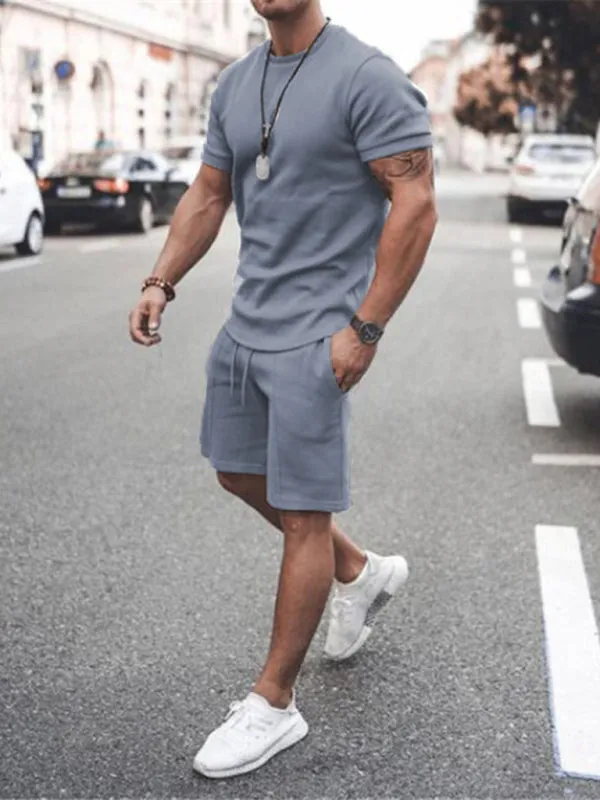 TEEK - Mens Casual Solid Color Short Sleeve Shorts Set