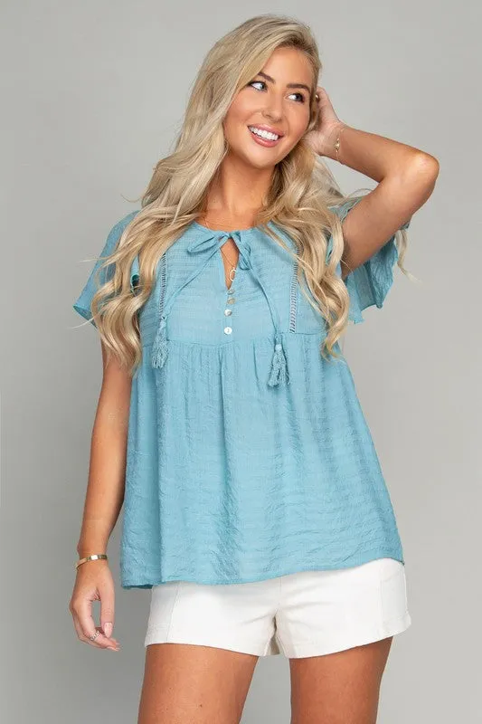 Tie Neck Flutter Sleeve Blouse