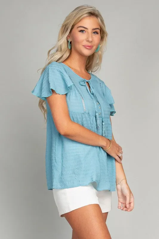 Tie Neck Flutter Sleeve Blouse