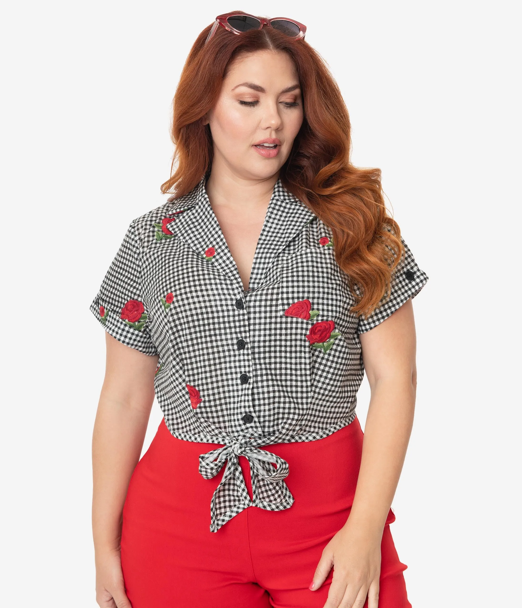 Unique Vintage Plus Size Black Gingham & Roses Shirley Crop Top