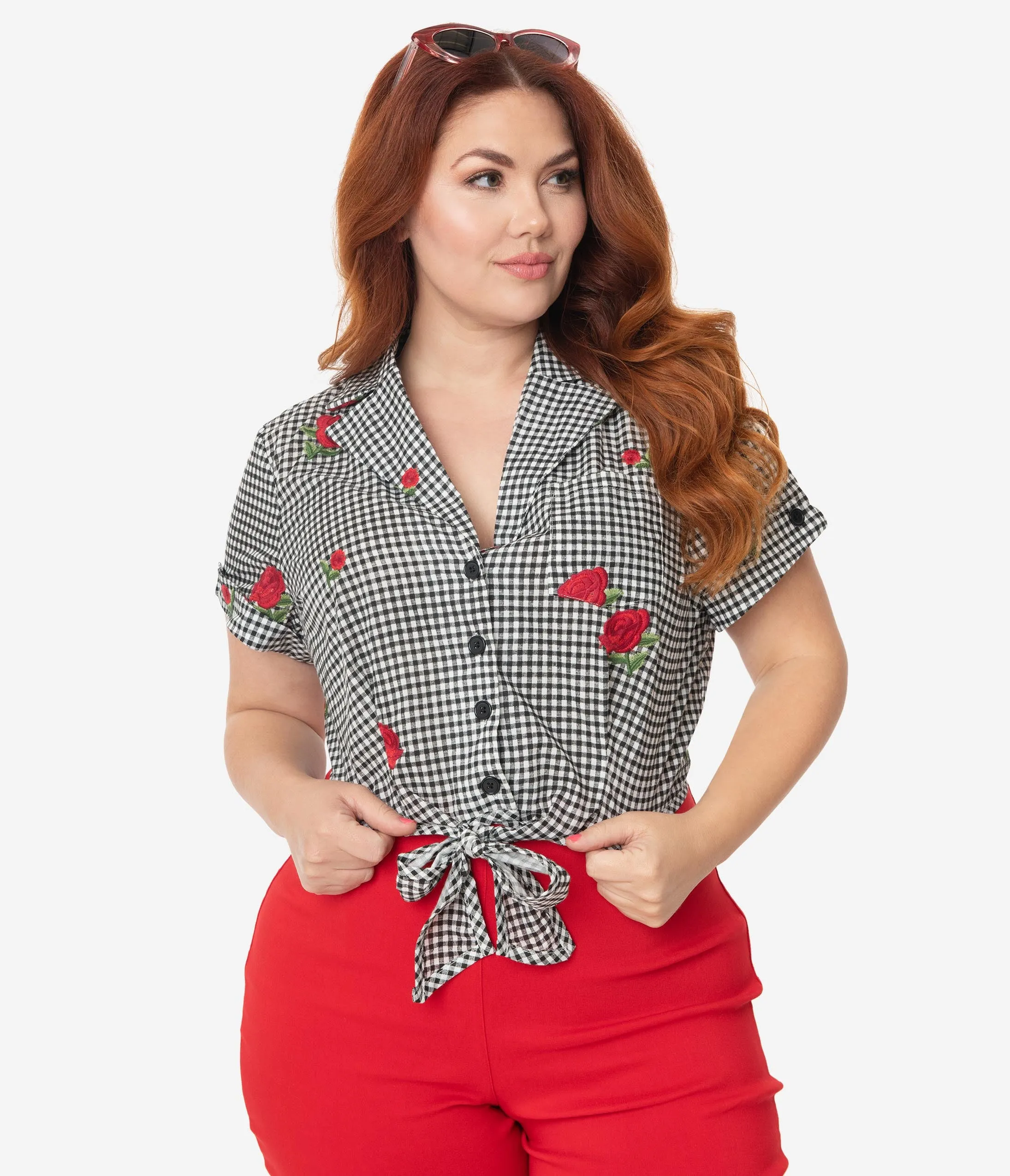 Unique Vintage Plus Size Black Gingham & Roses Shirley Crop Top