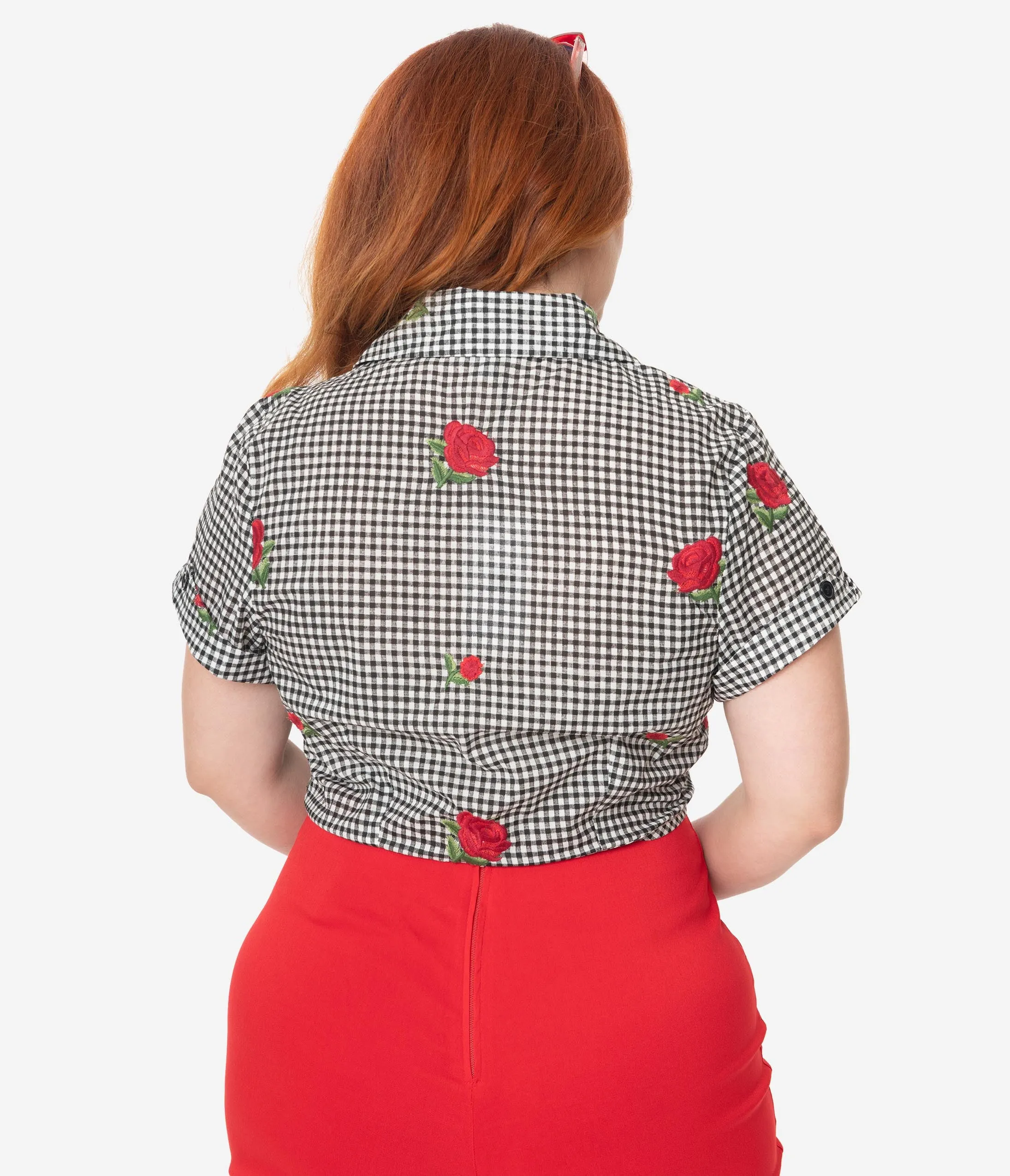 Unique Vintage Plus Size Black Gingham & Roses Shirley Crop Top