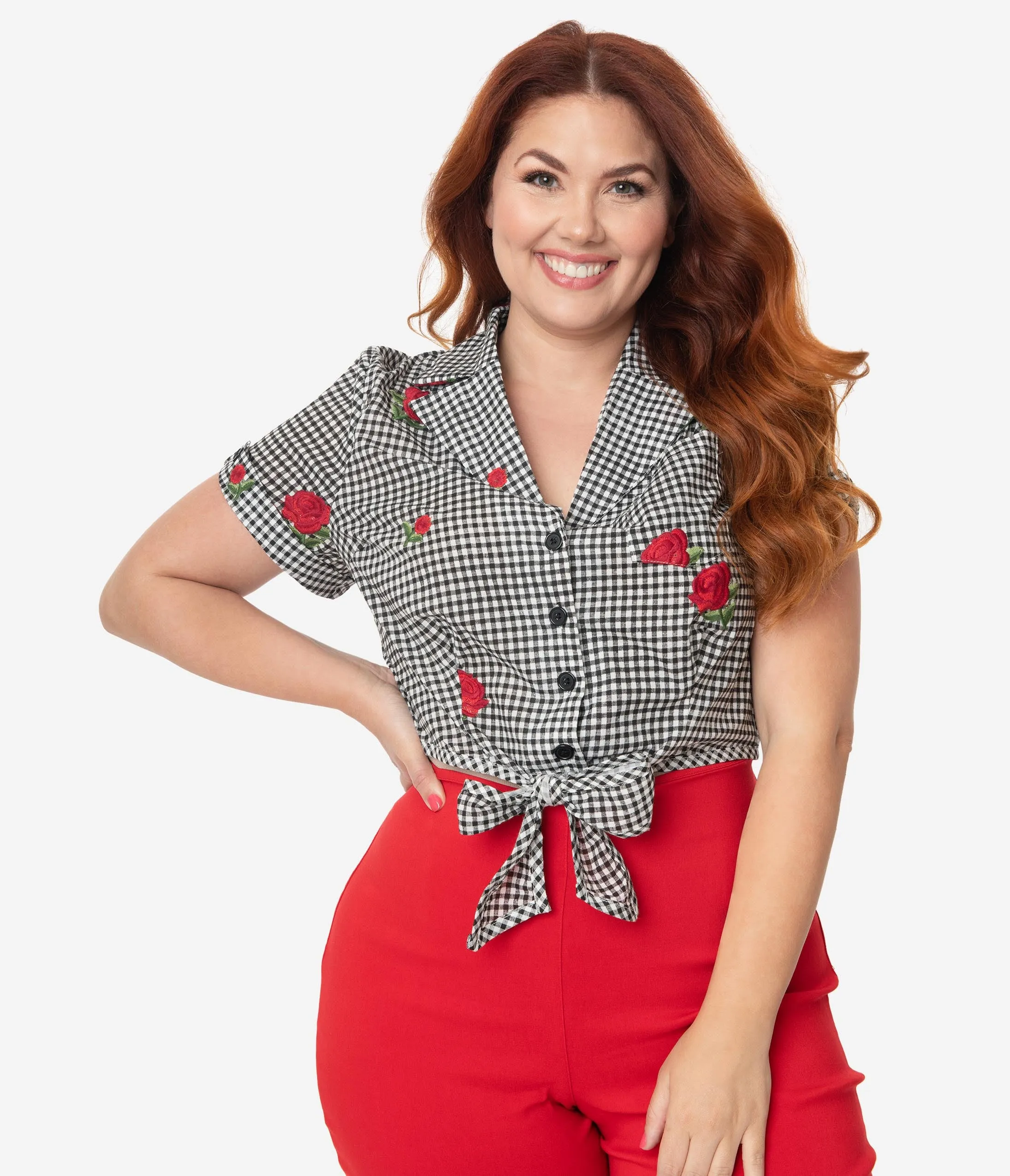 Unique Vintage Plus Size Black Gingham & Roses Shirley Crop Top